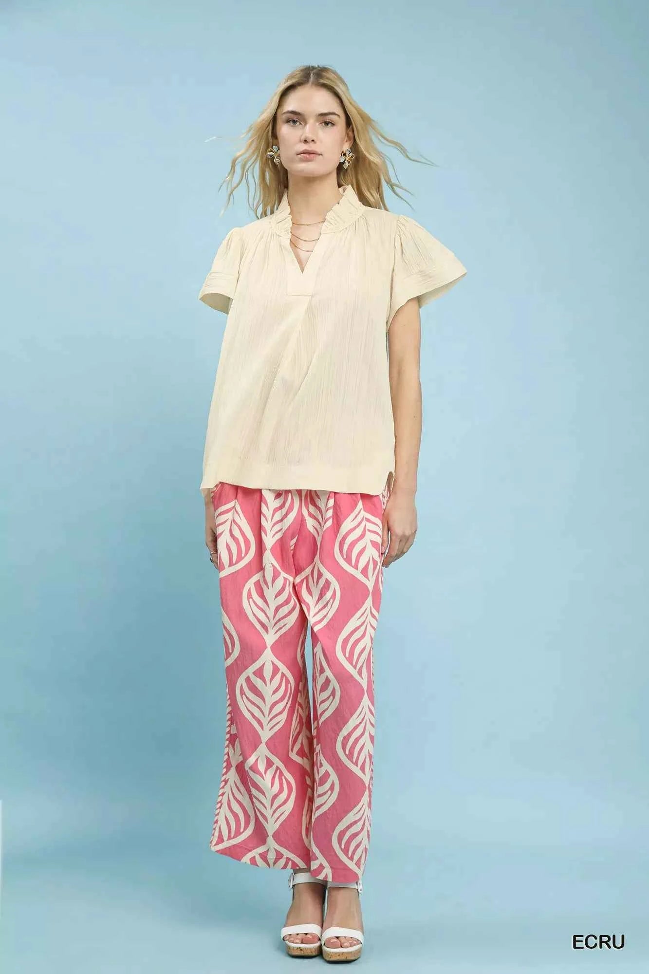 Umgee Texture Flutter Sleeve Notched Blouse 4539f463-641b-4873-914d-c99dabc876cc-Max-Origin