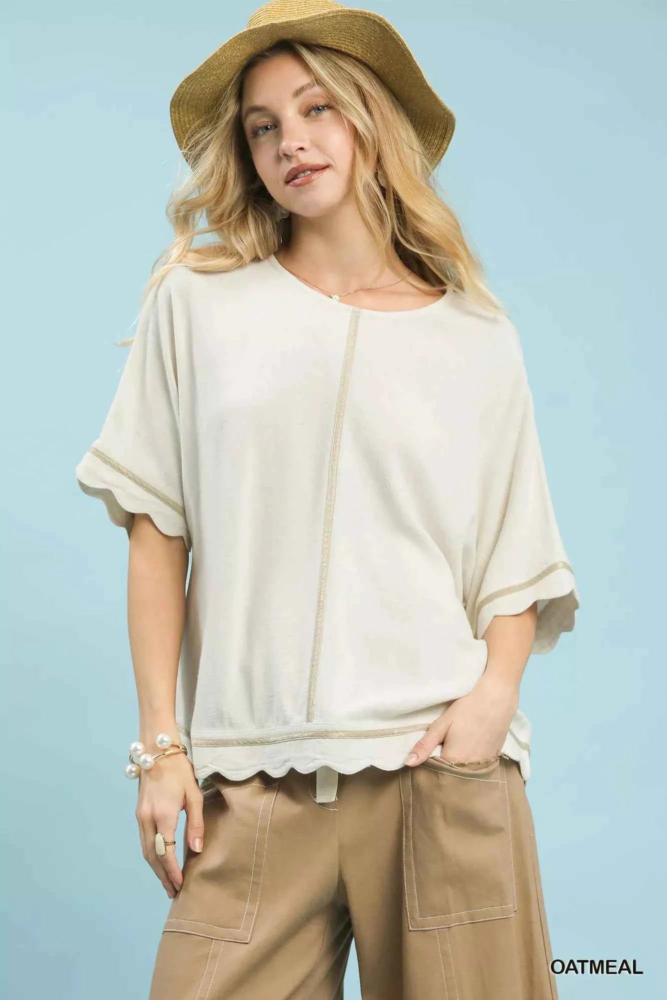 Umgee Linen Blend Scallop Trim Top