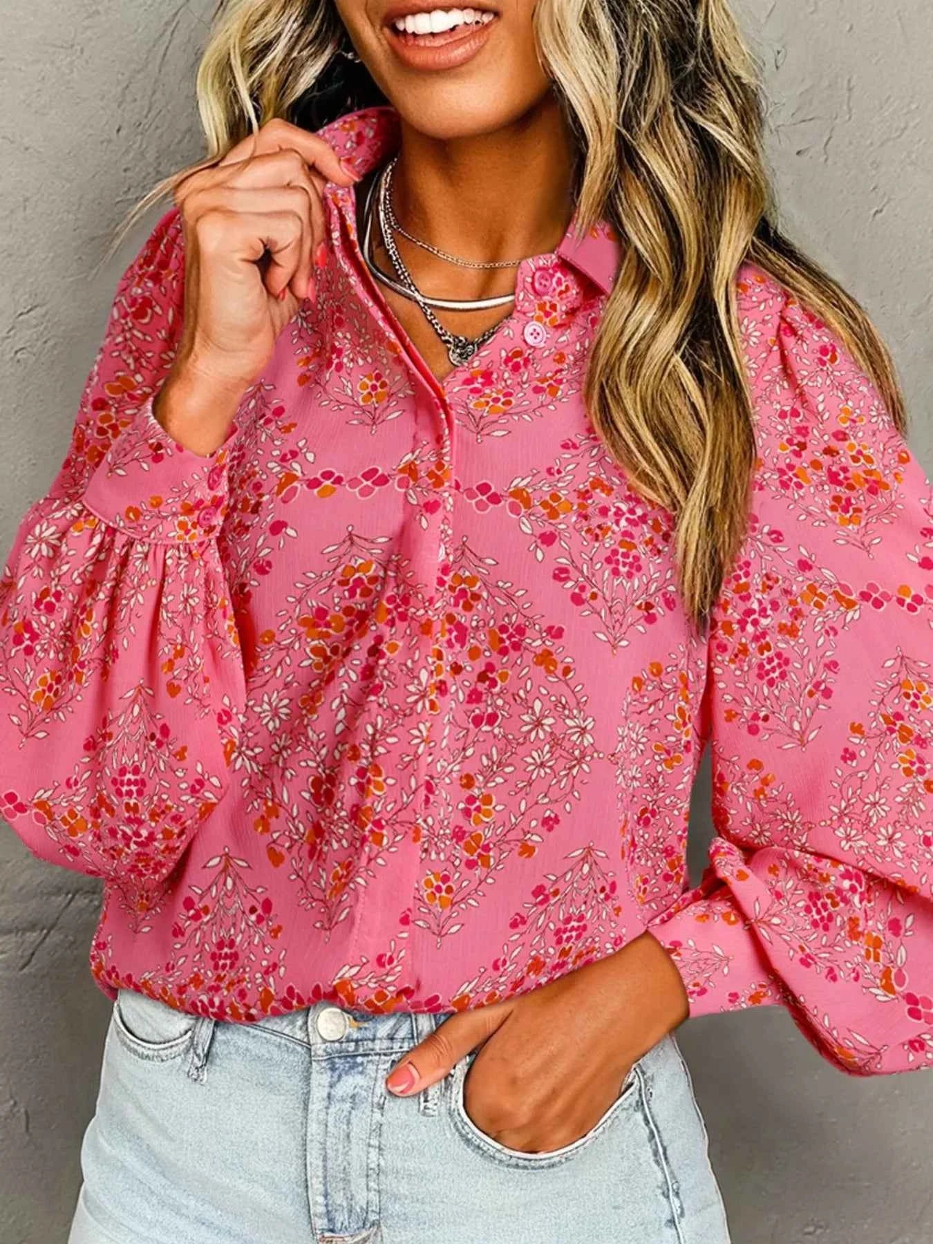 Floral Print Lantern Sleeve Loose Shirt Burnt Coral 453d48ef-6812-4d50-97a9-cf125c86c5e2-Max-Origin