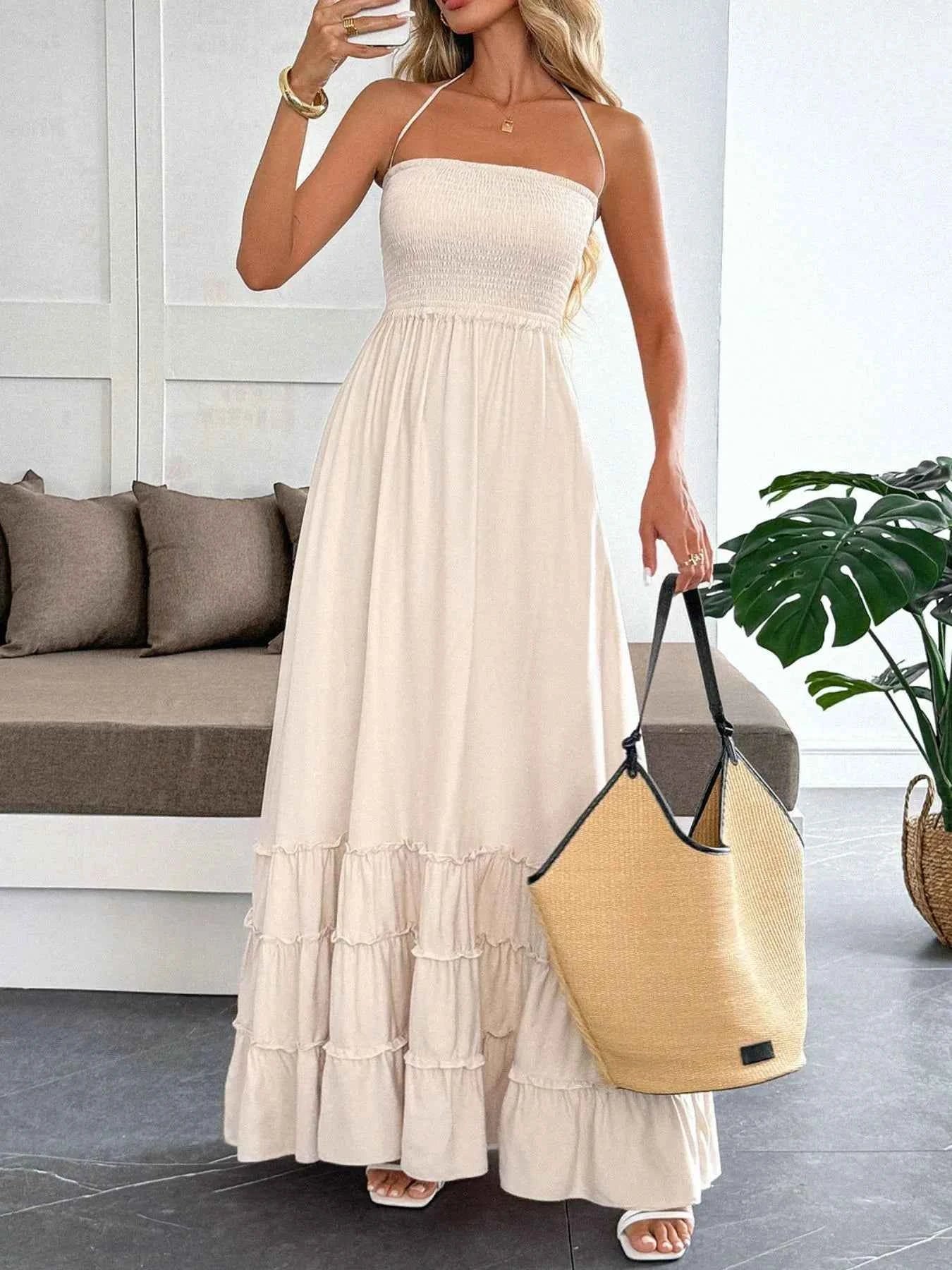 Halter Neck Tiered Maxi Dress Eggshell 45424b33-a1e4-4ea7-9f09-f67f3c9603b4-Max-Origin