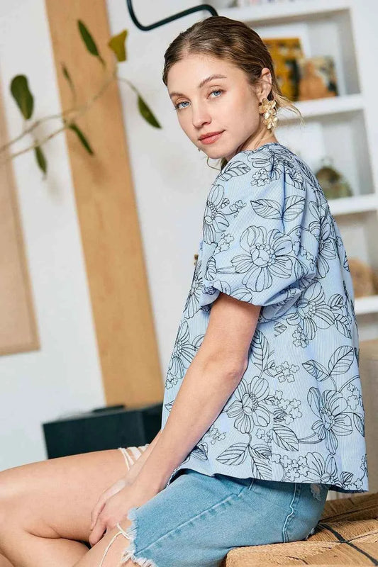 Umgee Floral Print Puff Sleeve Casual Blouse 45456949-25d9-4de8-b9d0-8cda3ef59507-Max-Origin