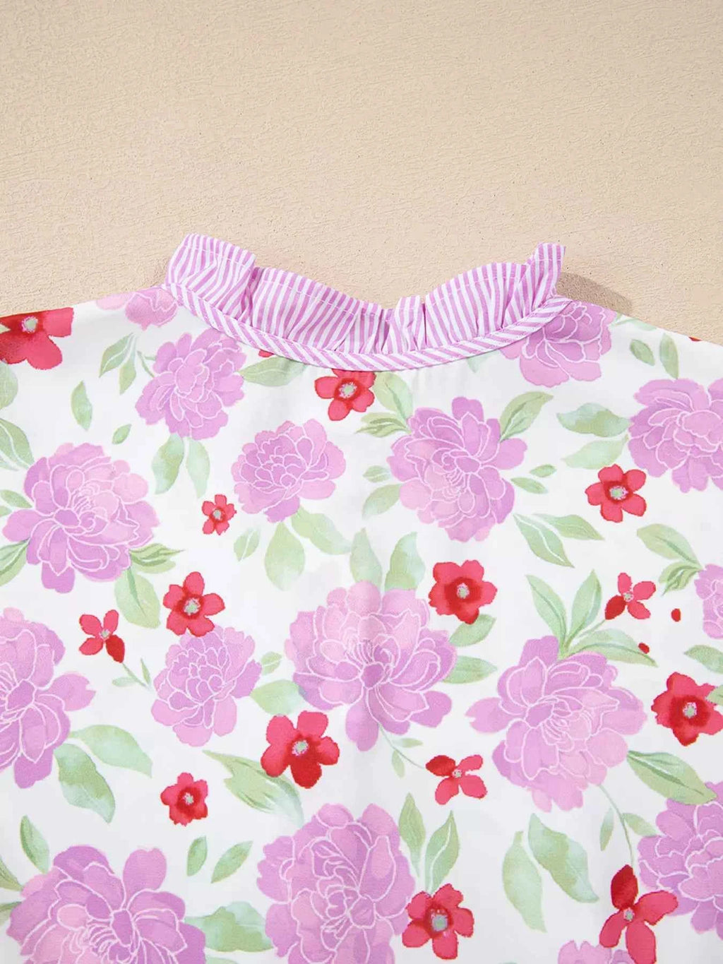 Floral Print Striped Trim Frilled Neck 3/4 Sleeve Flared Mini Dress 4545b1035486422f8b4d753d9b8f3b09-Max-Origin
