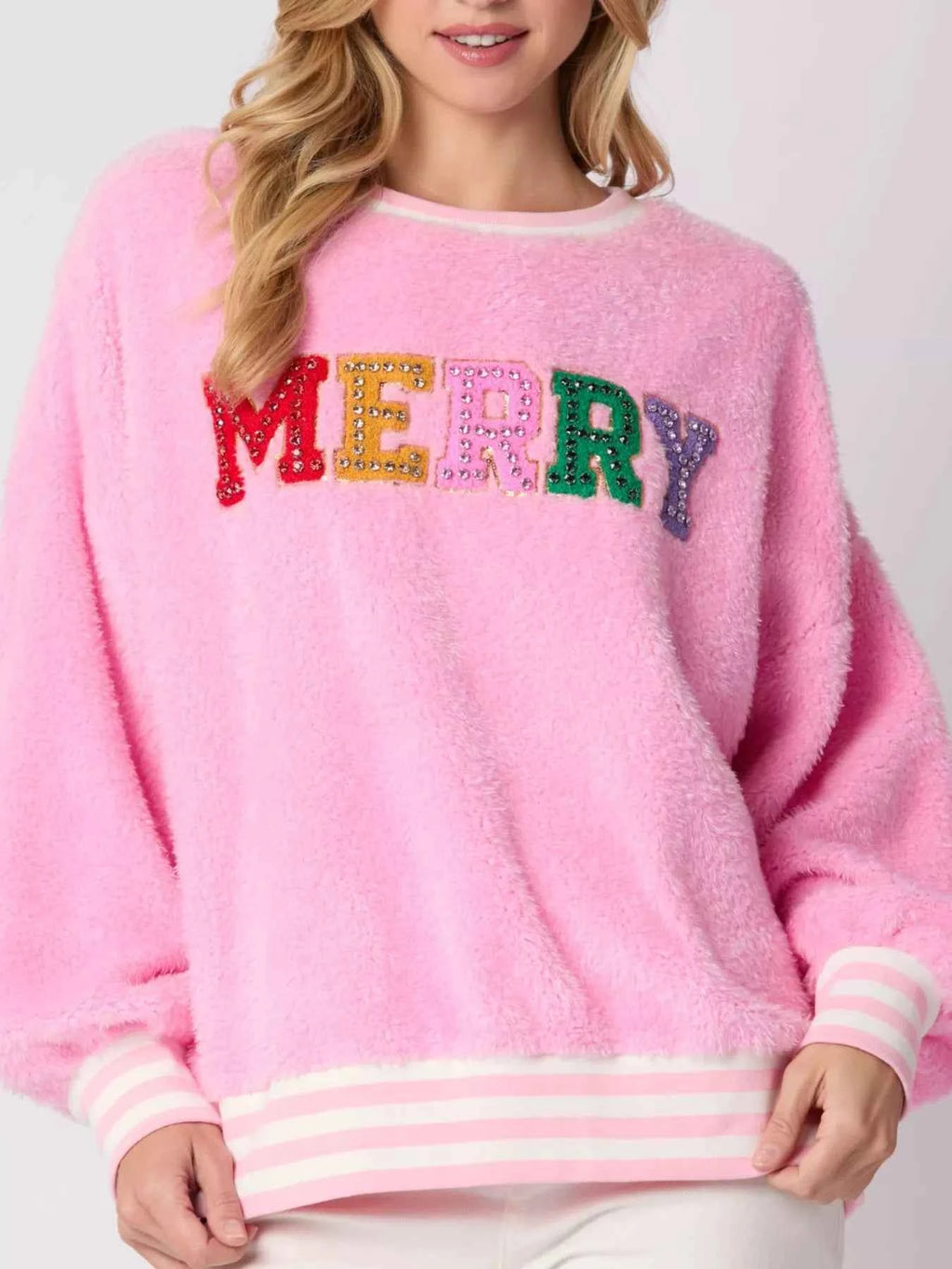 Rhinestone Merry Christmas Round Neck Sweatshirt Pink 45473a11-7d9a-4c9d-ac14-4ce0058f18a6-Max-Origin