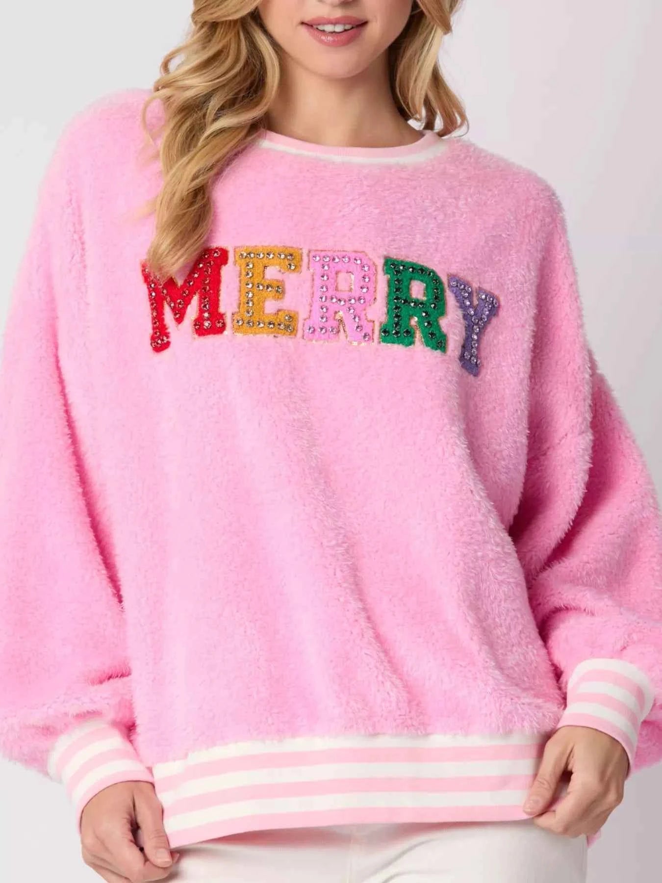 Rhinestone Merry Christmas Round Neck Sweatshirt Pink 45473a11-7d9a-4c9d-ac14-4ce0058f18a6-Max-Origin