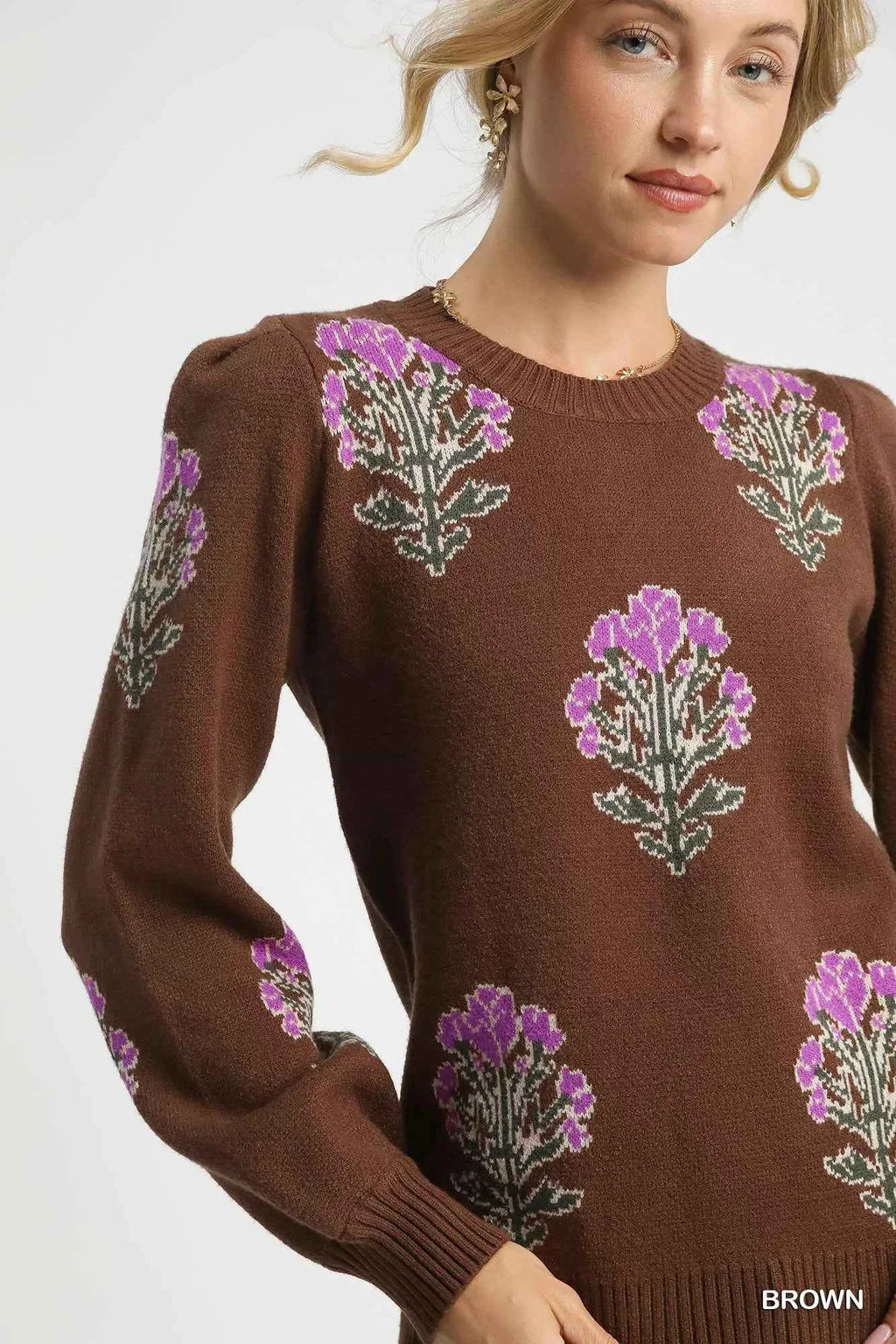 Umgee Single Flower Stem Jacquard Sweater 45513ec6-f3b7-4d30-a222-60bc38d55de4-Max-Origin