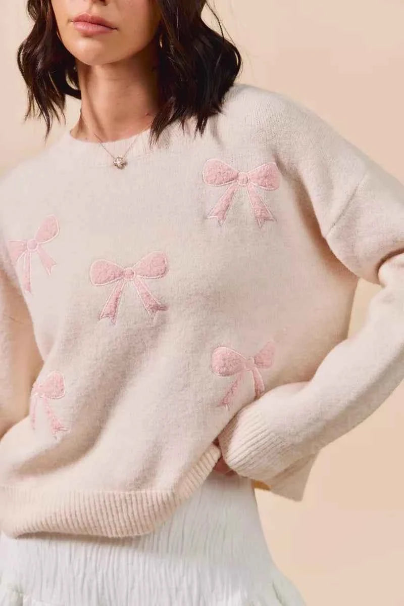 SO ME Embroidered Ribbon Round Neck Sweater 455375231c2e42568e4835924e002972-Max-Origin