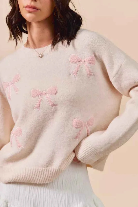 SO ME Embroidered Ribbon Round Neck Sweater 455375231c2e42568e4835924e002972-Max-Origin