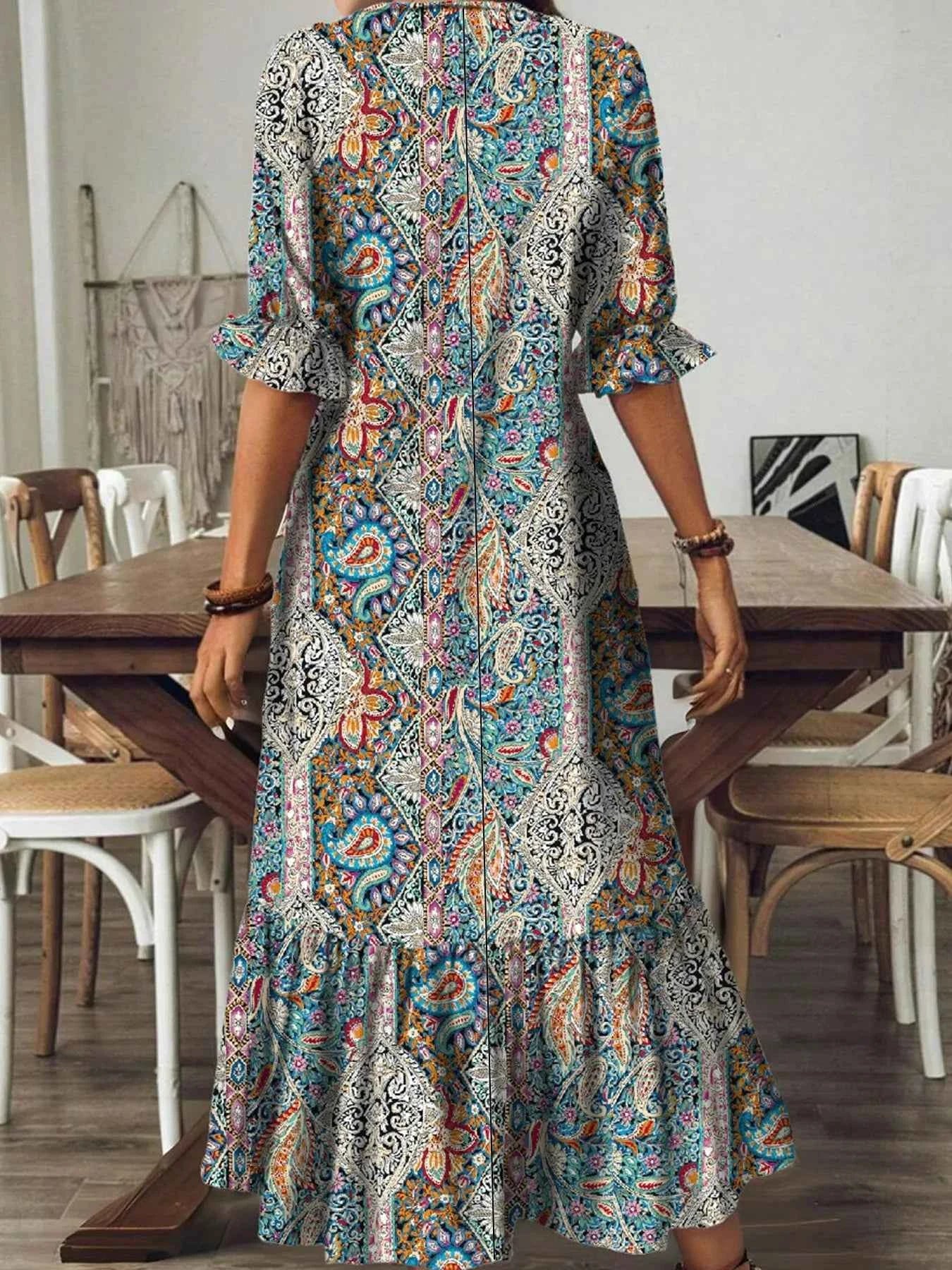 Full Size Bohemian Paisley Print V-Neck Midi Dress Plus Size