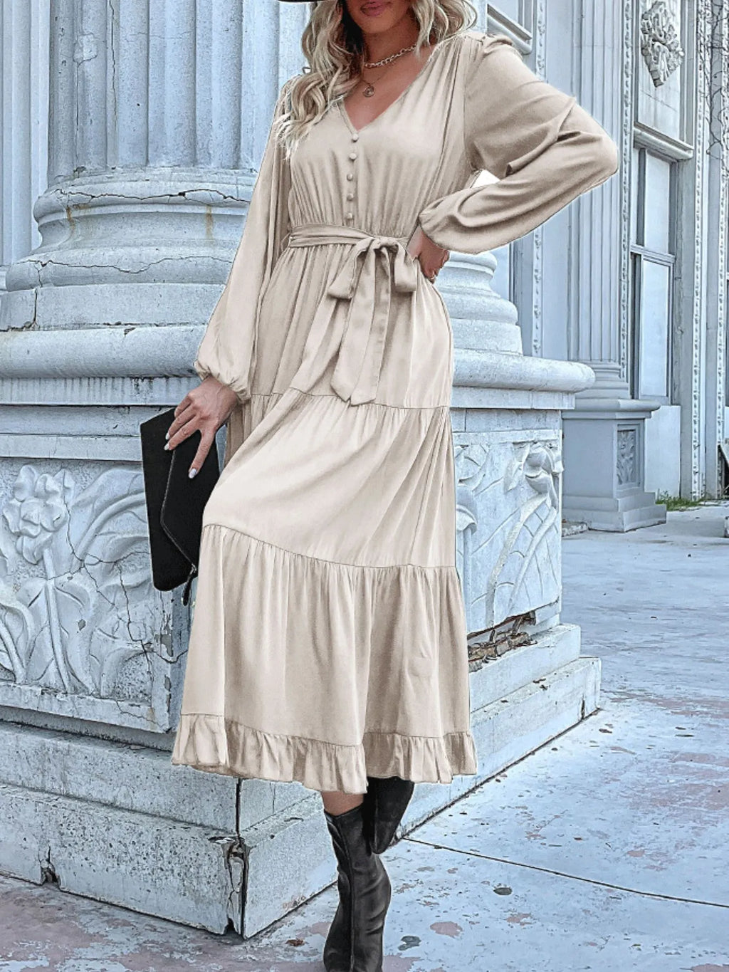 Ruffled Hem V-Neck Balloon Sleeve Dress 455fefa9-cfca-4a28-80ed-b6b9e7f7325c-Max-Origin