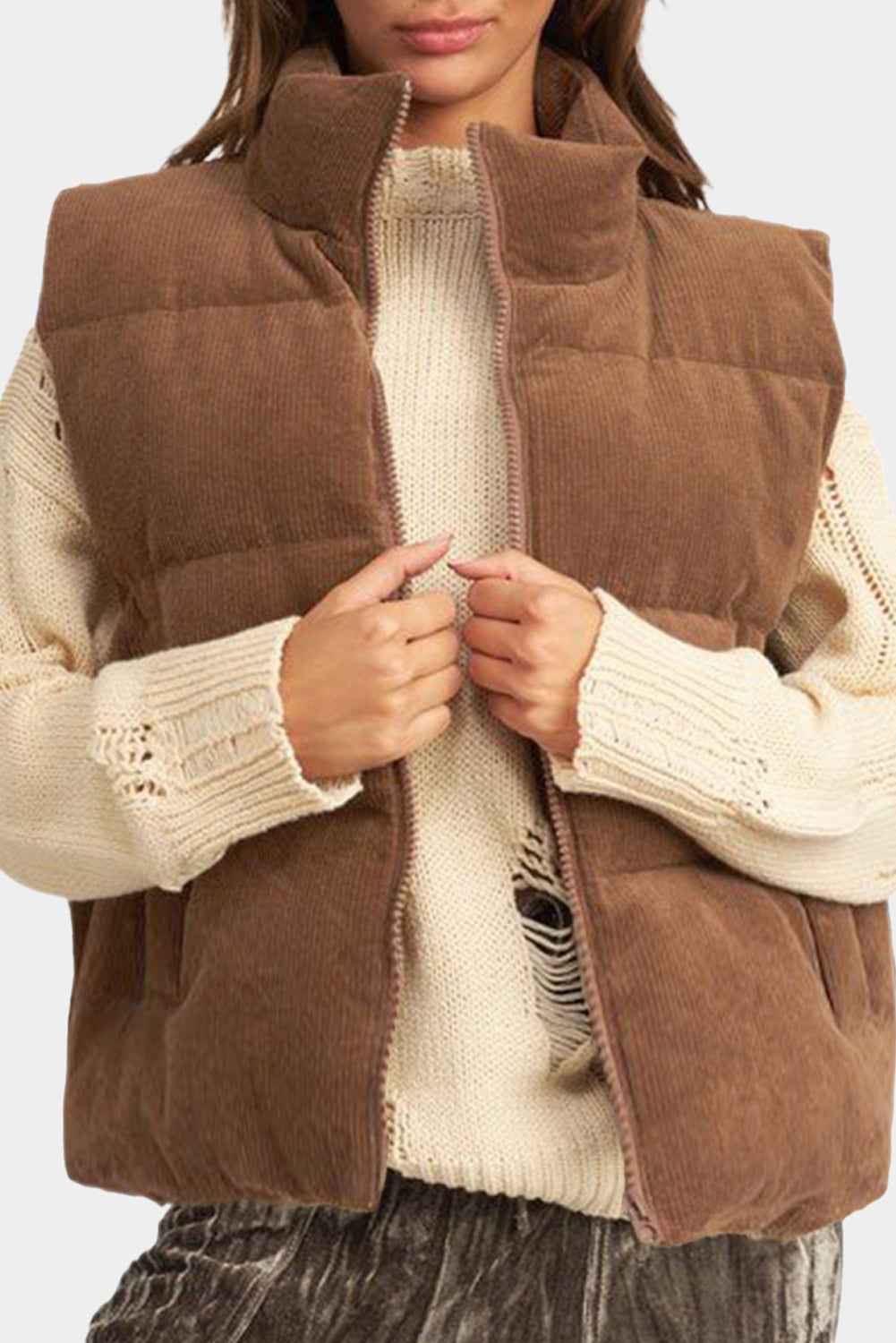 Coffee Solid Color Corduroy Puffer Vest Coat Coffee 100%Polyester 45619fbf2f884a34