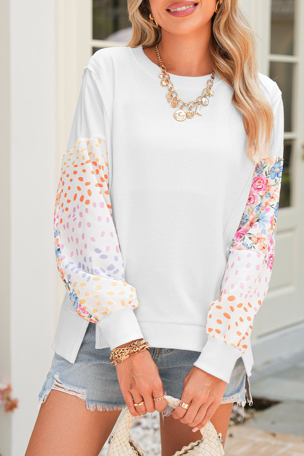 White Floral Dotted Print Patchwork Sleeve High Low Sweatshirt White 65%Polyester+35%Cotton 45673d5796733b34