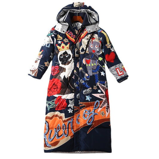 Women's Longline Down Coat | Printed Winter Parka