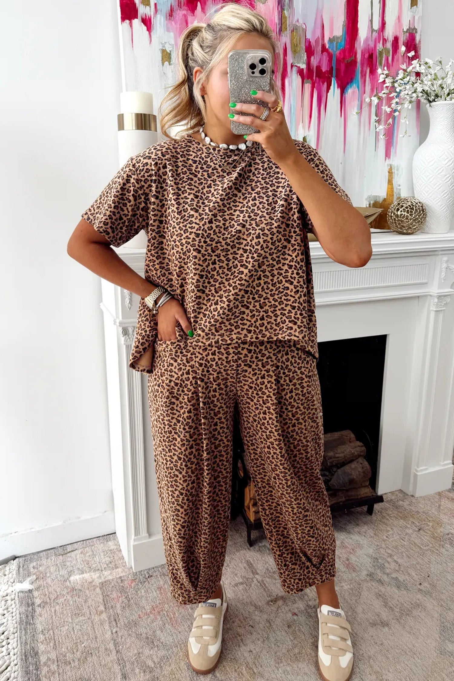 Brown Leopard Loose Tee Drawstring Waist Barrel Pants Set 456a8b2fbf07dc17