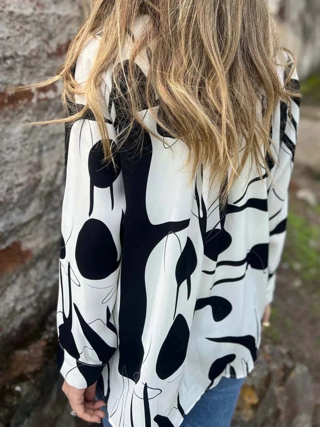 Full Size Abstract Print Long Sleeve Button-Up Shirt Plus Size