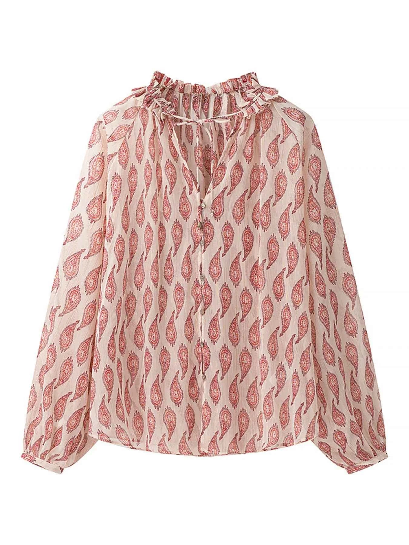 Paisley Print Frill Tie Neck Long Sleeve Blouse