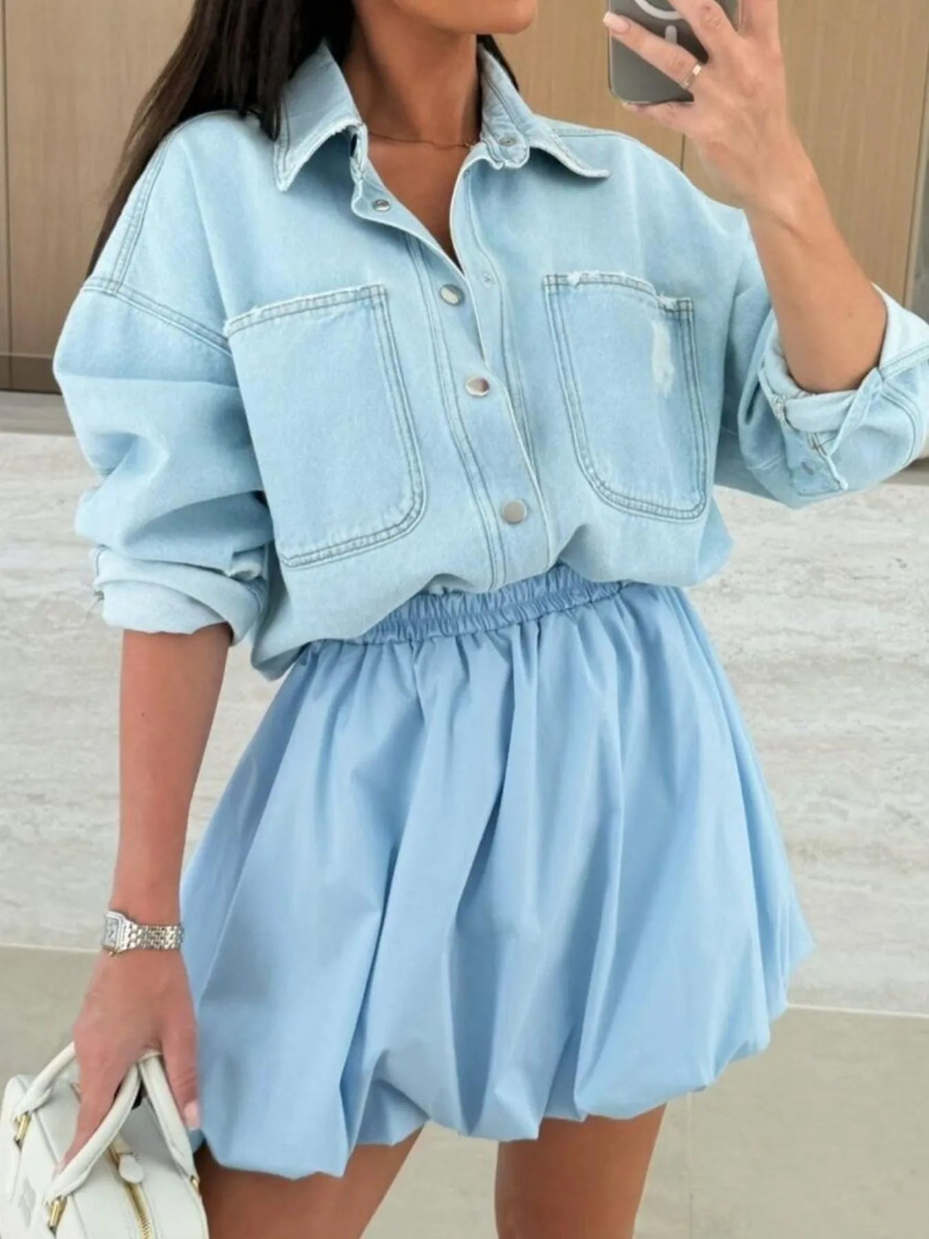 Elastic Waist Bubble Skirt Light Blue 4570359e-afd6-4f81-9344-73981075ee71-Max-Origin