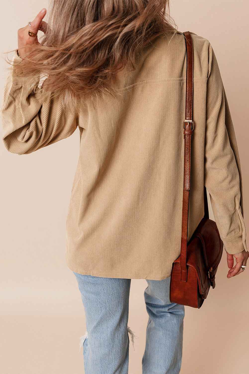 Light French Beige Corduroy Frilled Flap Pocket Button Up Shacket 457037588513fe96