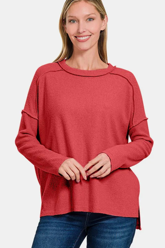 Full Size Exposed Seam Brushed Round Neck Sweater 4570a1bd-55b5-4bb9-b387-d94eeb8c27f7-Max