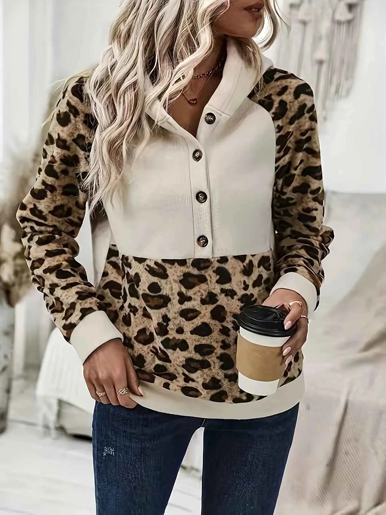 Leopard Print Button Detail Hoodie Apricot 45713d0e936945dbb0aa75f982638b2e-Max-Origin