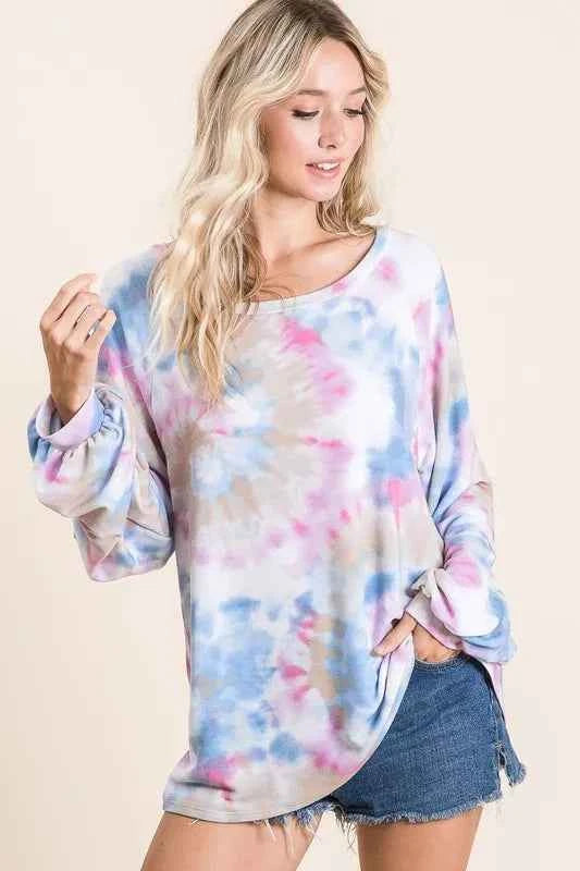 Tie Dye Print Terry Top With Puff Sleeves BLUE MULTI 4574bad2cd364a79bafde2b111d5e4a5-Max-Origin