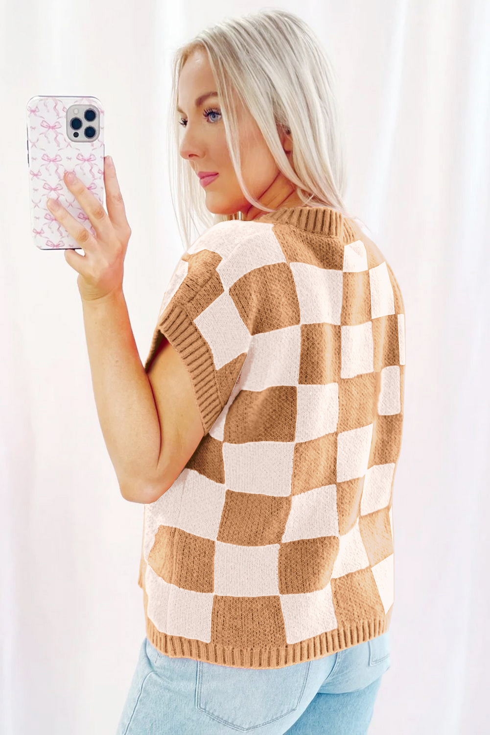 Light French Beige Checkered Knit Dolman Short Sleeve Sweater 4579da57bb36d7d6