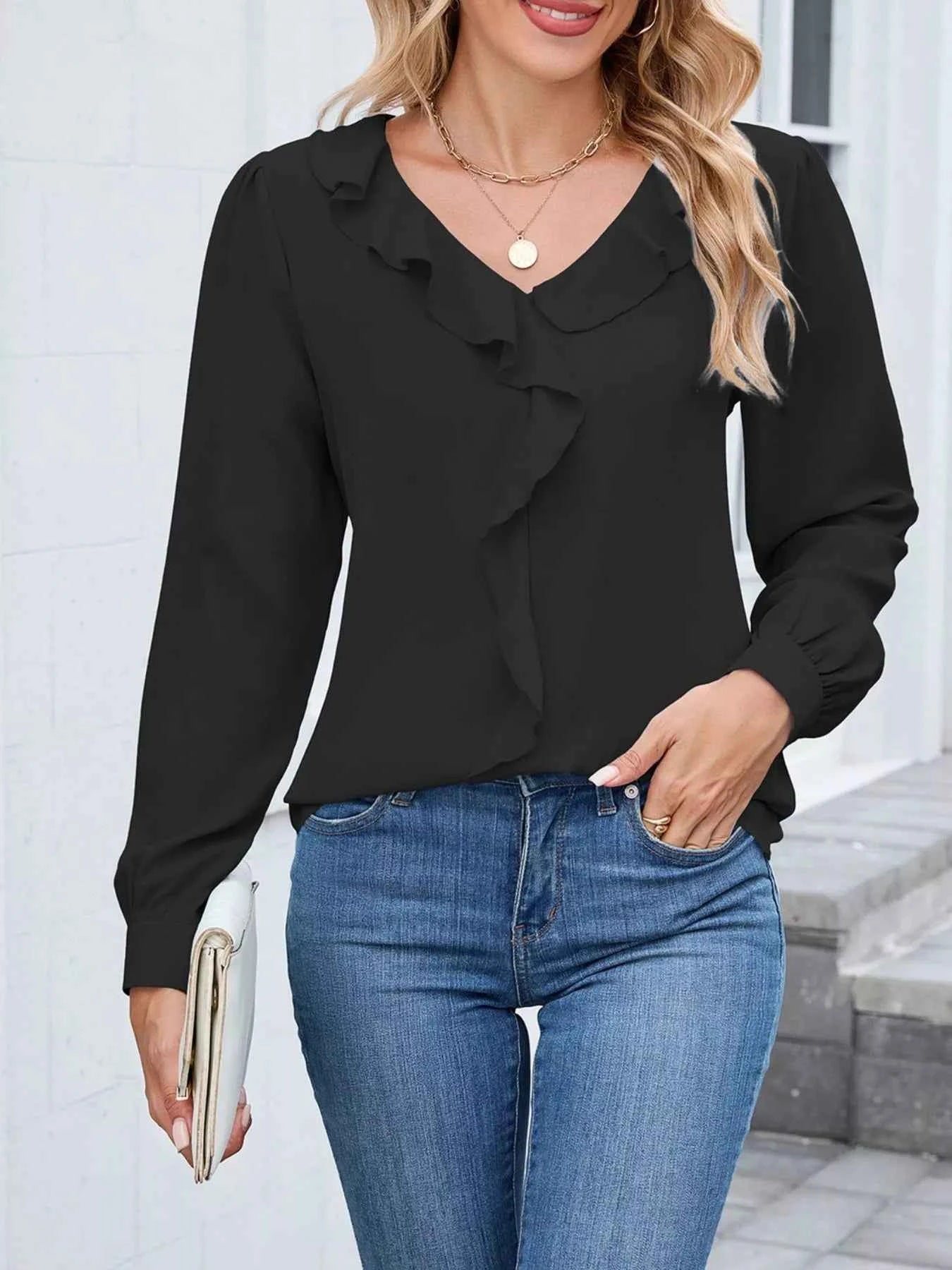 Ruffled V-Neck Long Sleeve Blouse 457a6dd4-0032-41f8-abfa-4292f4d6b90e-Max-Origin