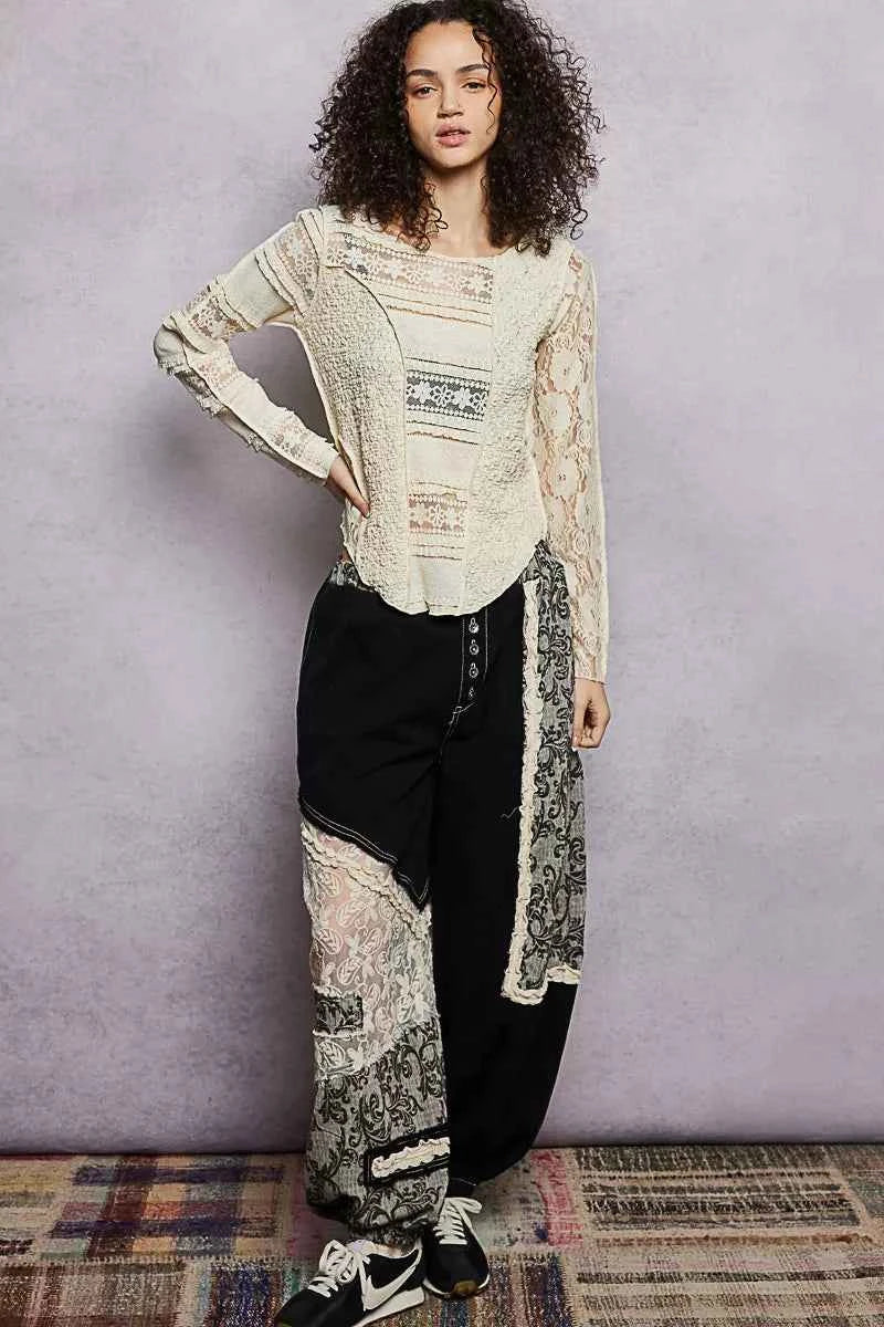 POL Round Neck Long Sleeve Exposed Seam Top with Lace Detail 457e6bac-a1f7-4718-9a30-ccde81f1459a-Max-Origin