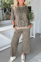 Khaki Jacquard Leopard Half Sleeve Jumper Wide Leg Pant Set Khaki 85%Polyester+10%Cotton+5%Elastane 457eff1033f15ada