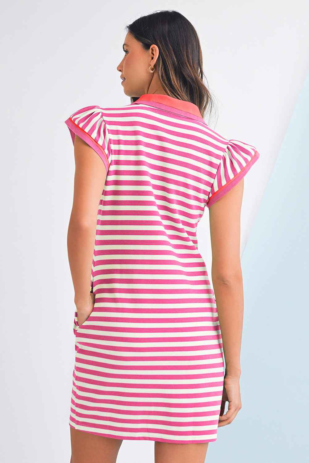 Dark Blue Striped Ruffle Short Sleeve Pop of Color Neckline Dress 457fc2694f32d8d6