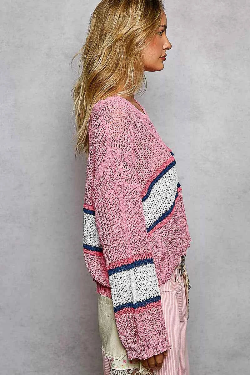 POL V-Neck Striped Pattern Cropped Knit Top with Cable Knit Detail 45821d2c-6a40-432f-a867-a1a68165cbd2-Max-Origin