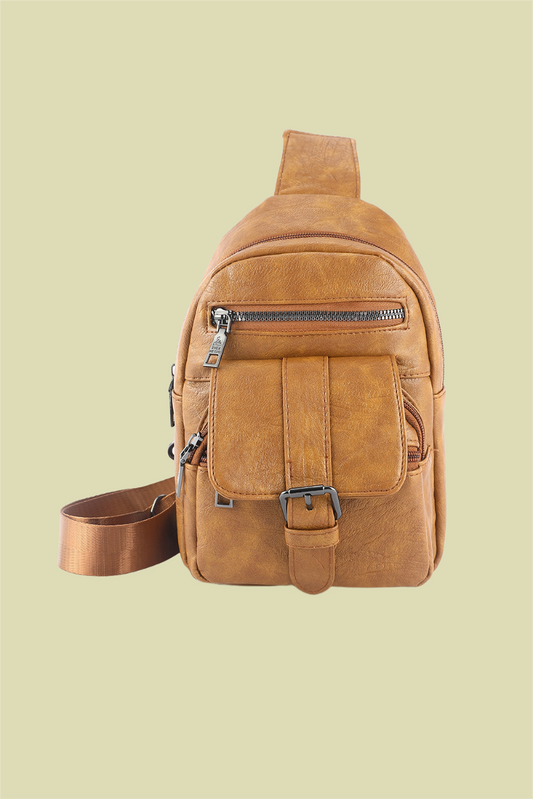 Khaki Vintage Zipper Multi Pockets PU Sling Bag Khaki ONE SIZE 100%PU 458395d6fb7af235