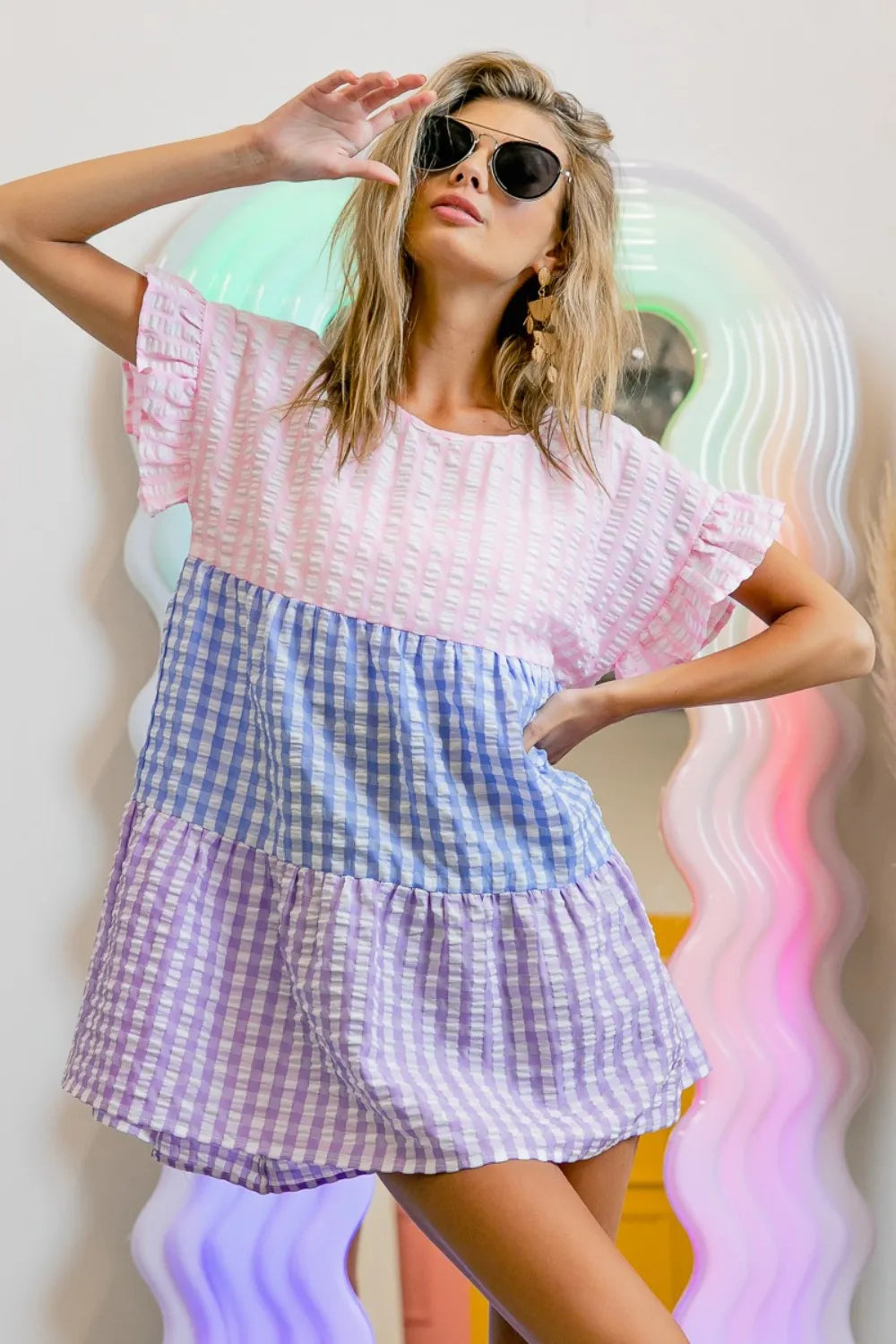 BiBi Plaid Color Block Tiered Top 4587fafc-3e79-423a-81fe-b59df6fb0672-Max