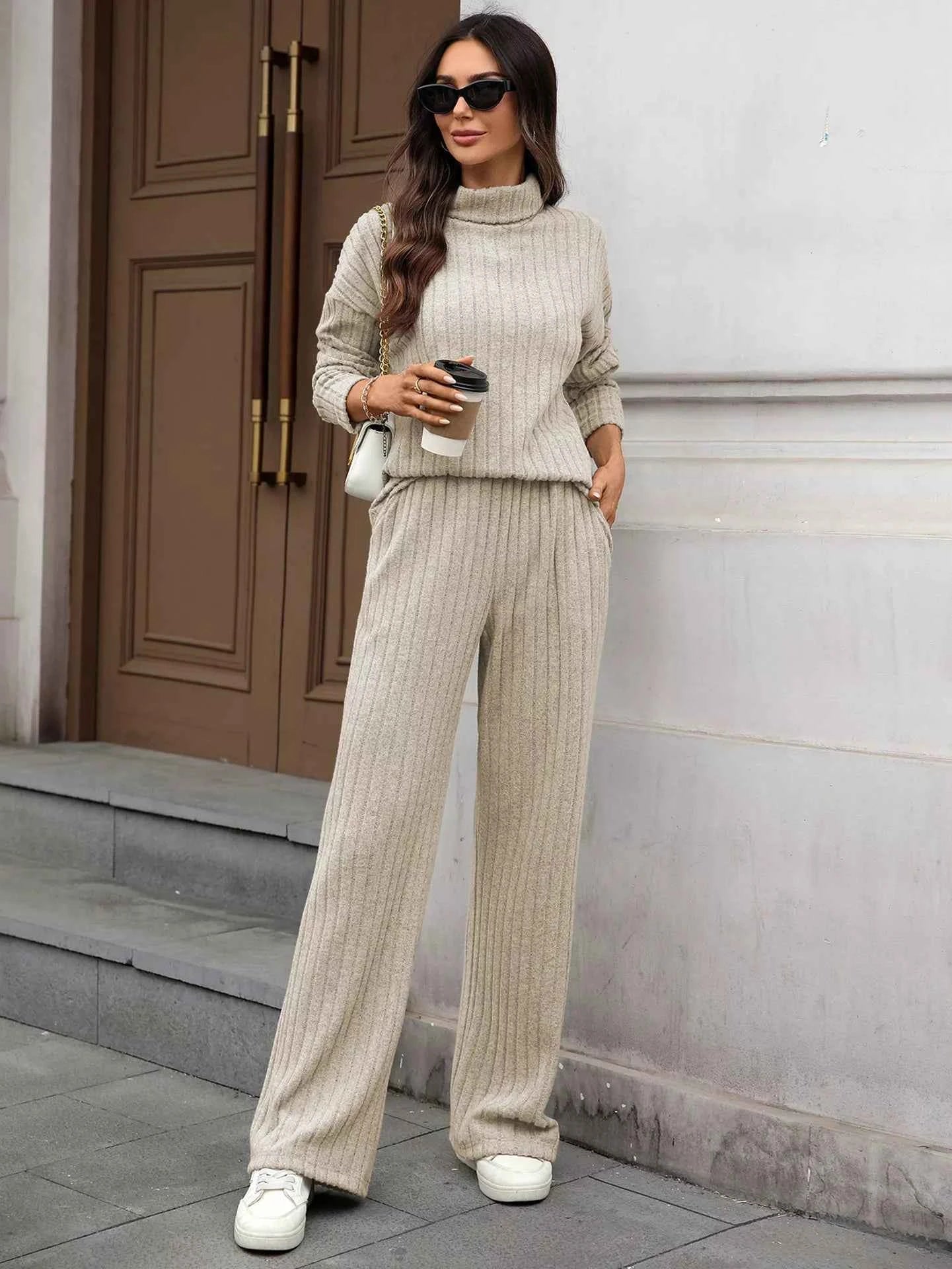 Ribbed Turtleneck Dropped Shoulder Top and Pants Sweater Set Apricot 458bfd93-61e8-42f9-8c9b-9df4c4d90bcc-Max-Origin
