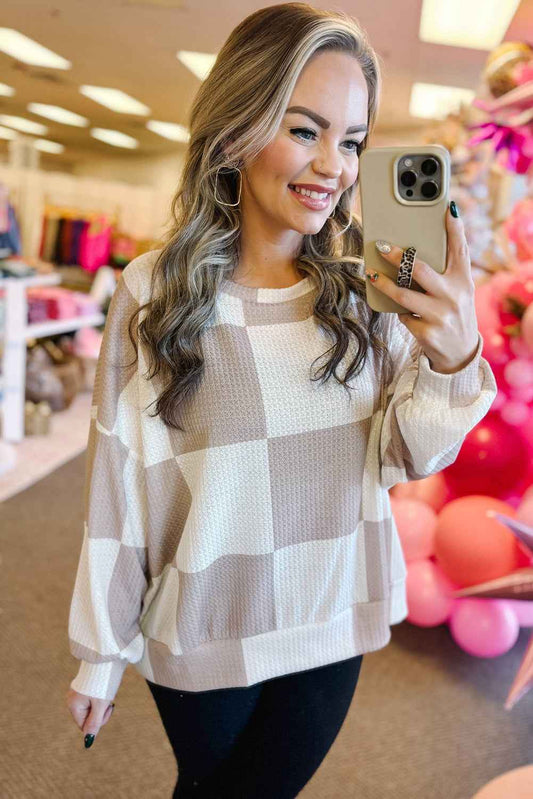 Khaki Breathable Textured Checkered Long Sleeve Top 4595935896ff66a8
