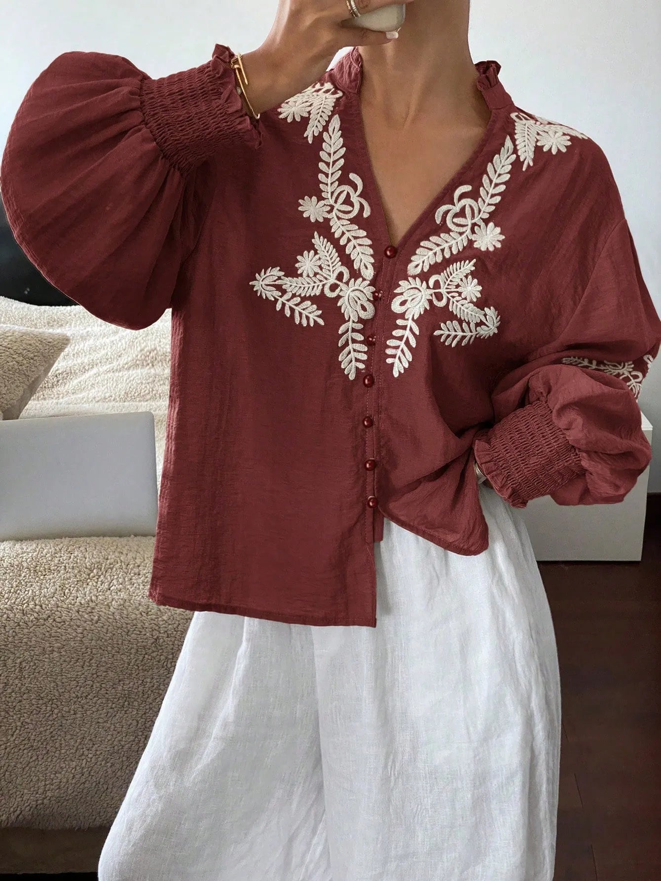 Embroidered Lantern Sleeve Blouse Burgundy 4596d63d-5dbb-46ef-8f9f-36316559dd80-Max-Origin