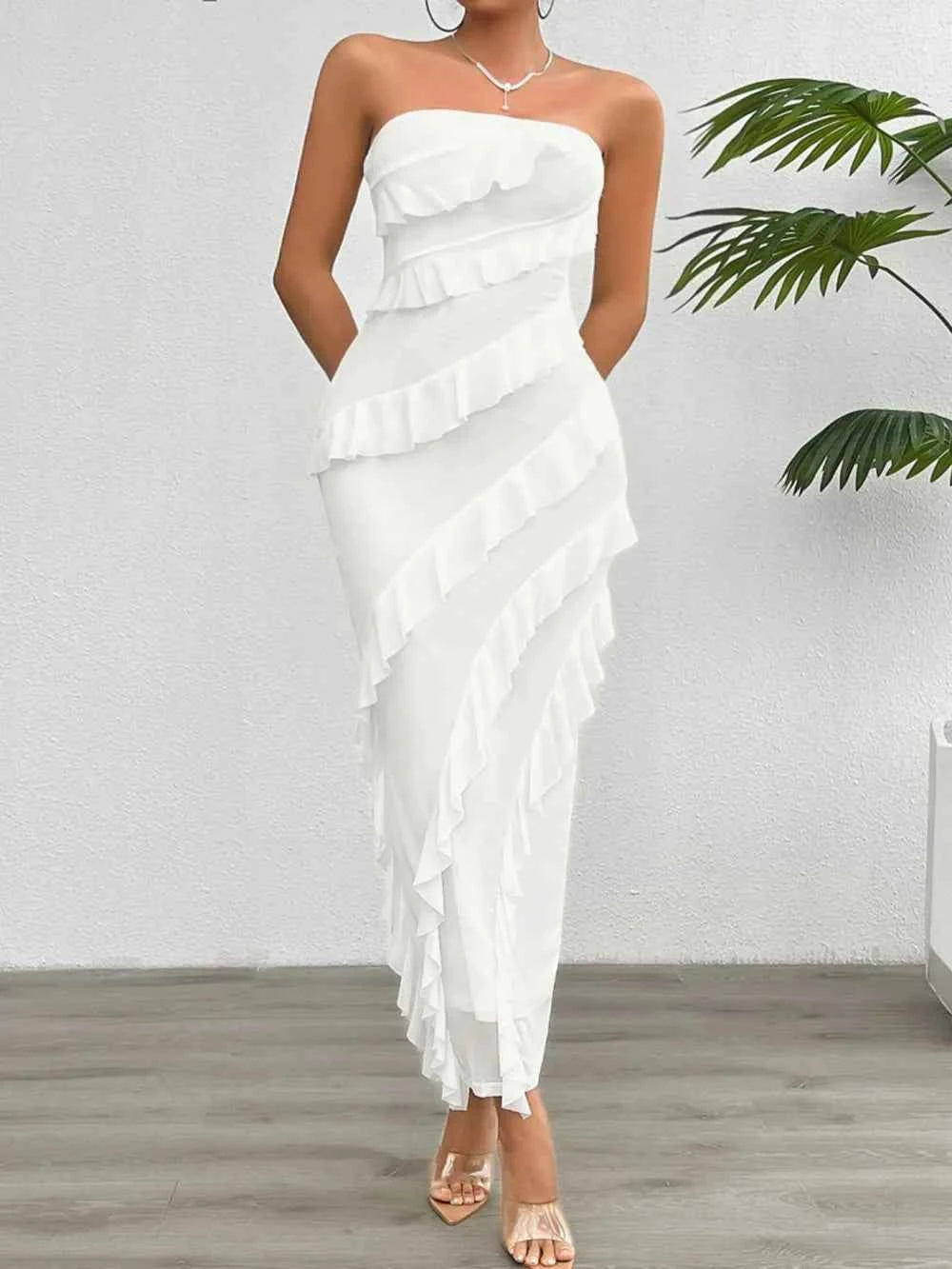 Ruffled Slit Back Tube Maxi Dress 45973fdf-9875-4566-97b8-9151f75b1c79-Max