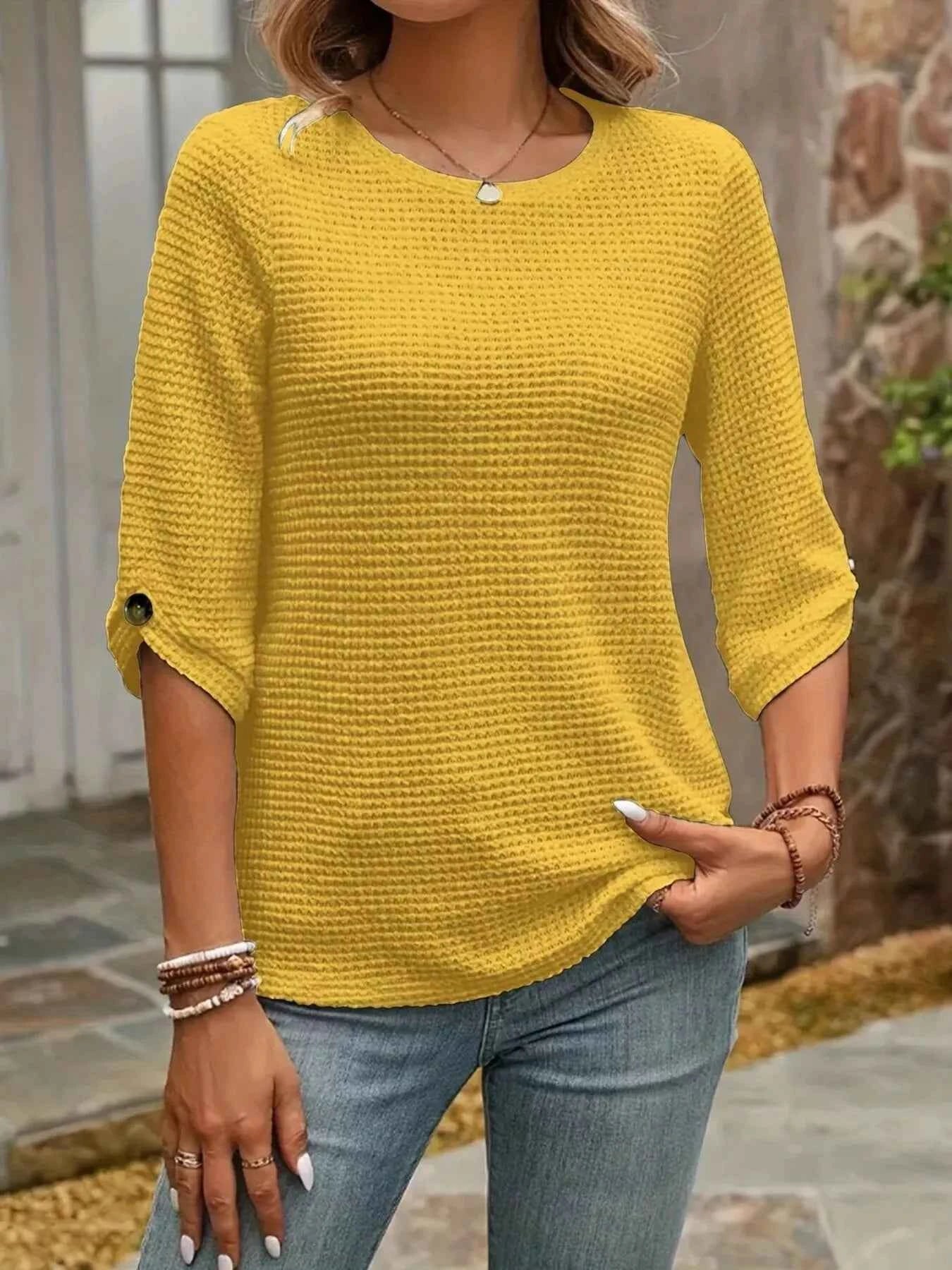 Waffle-Knit Round Neck Knit Top 45a7f01ee65a442983a62ddcccfc02a8-Max-Origin
