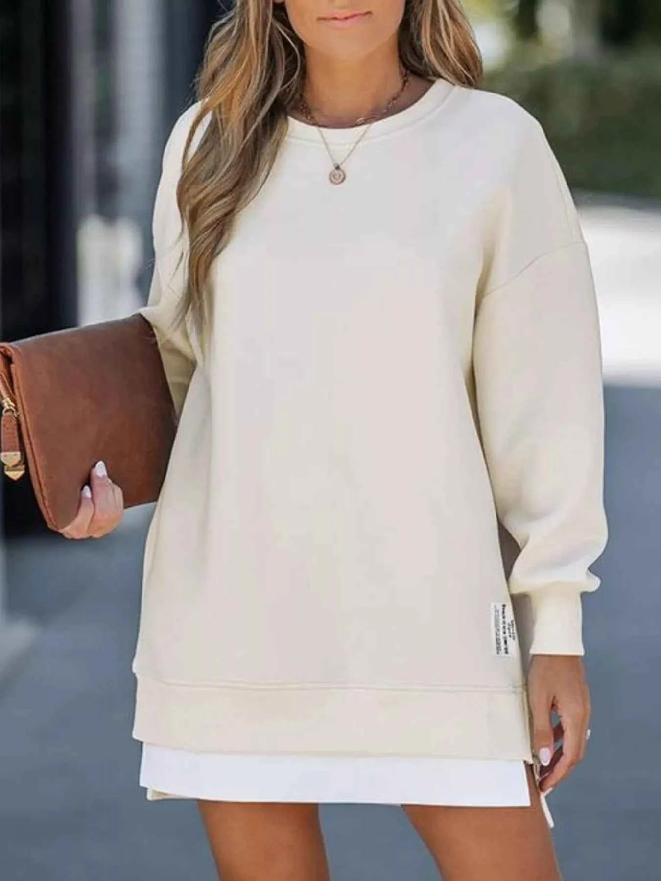 Side Slit Round Neck Long Sleeve Sweatshirt