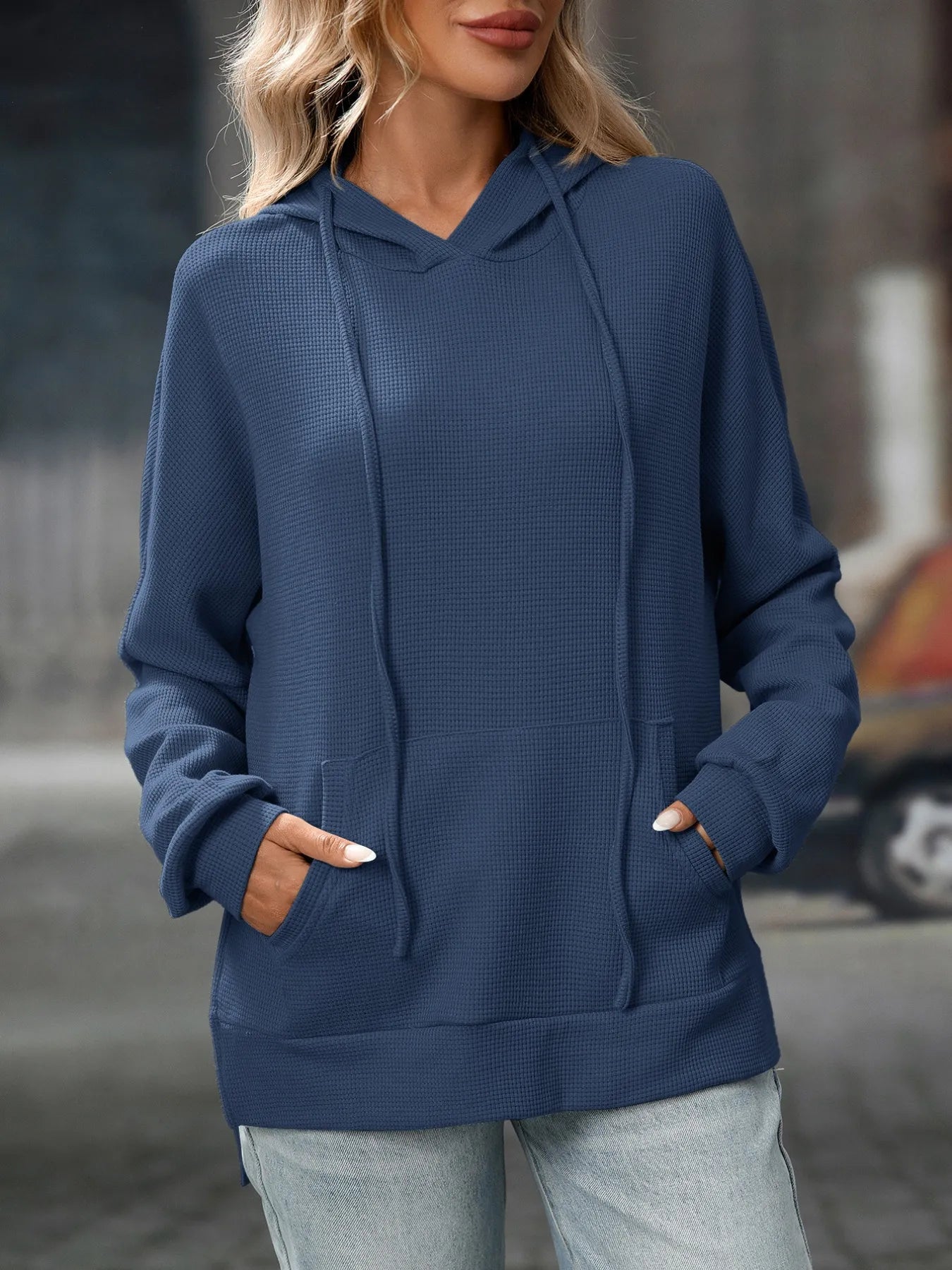 Textured Drawstring Long Sleeve Hoodie Indigo 45abd433-28da-457f-b5aa-555dae6a9c63-Max-Origin