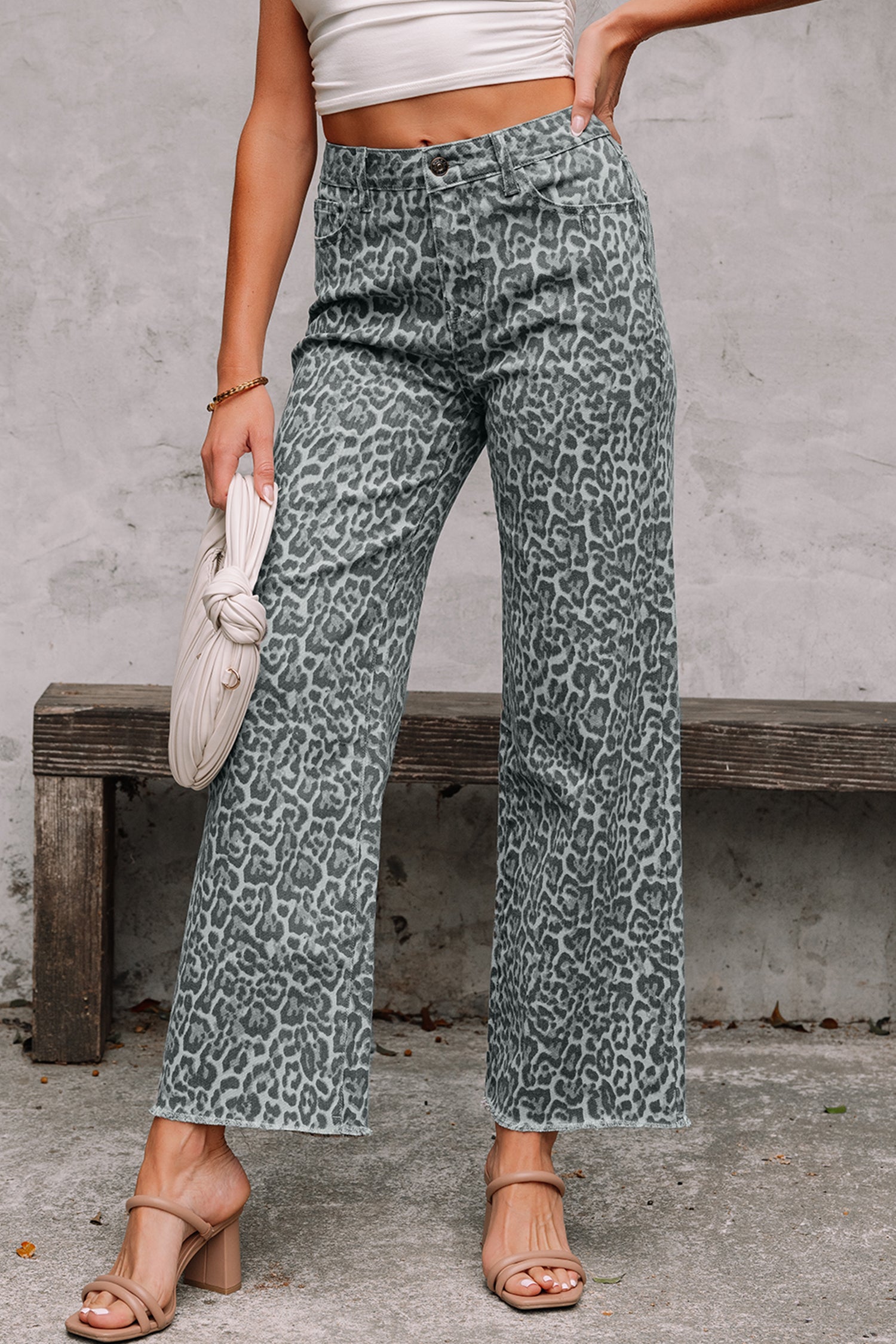 Gray Leopard Frayed Edge Wide Leg High Waist Jeans Gray1 65%Cotton+33%Polyester+2%Elastane 45b3c72cc370da56