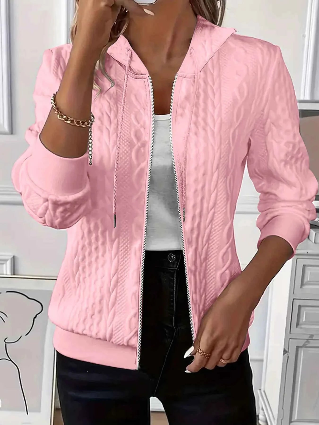 Drawstring Zip Up Hooded Jacket Pink 45bd1ada-926c-4c00-a5ce-8d044050eef2-Max-Origin