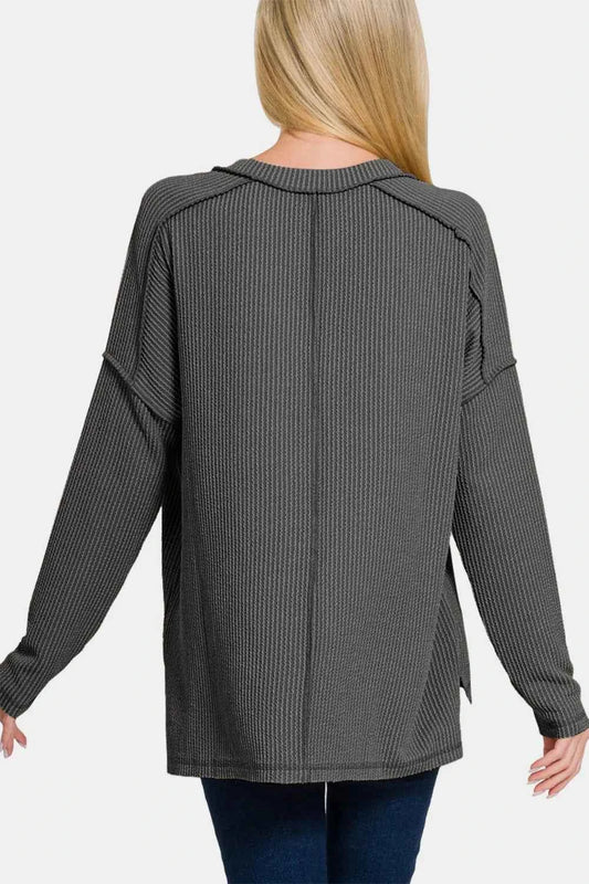 Zenana Texture Exposed Seam V-Neck Long Sleeve T-Shirt 45bf2359-f9ba-485c-ad91-216e9e1c304e-Max
