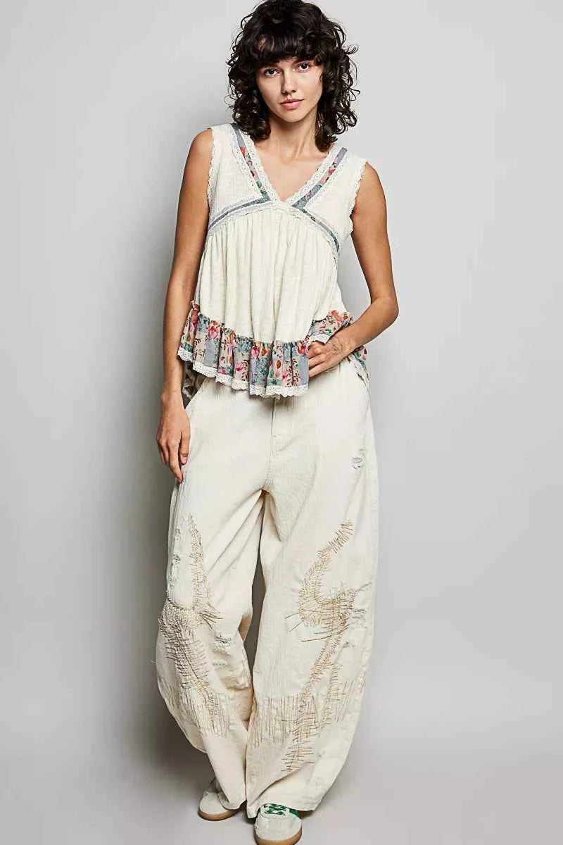 POL Lace Detail Ruffled Ribbed Sleeveless Top with Floral Pattern Trim Detail 45bff4a9-8d70-440a-b3ad-40651f0cd94b-Max-Origin