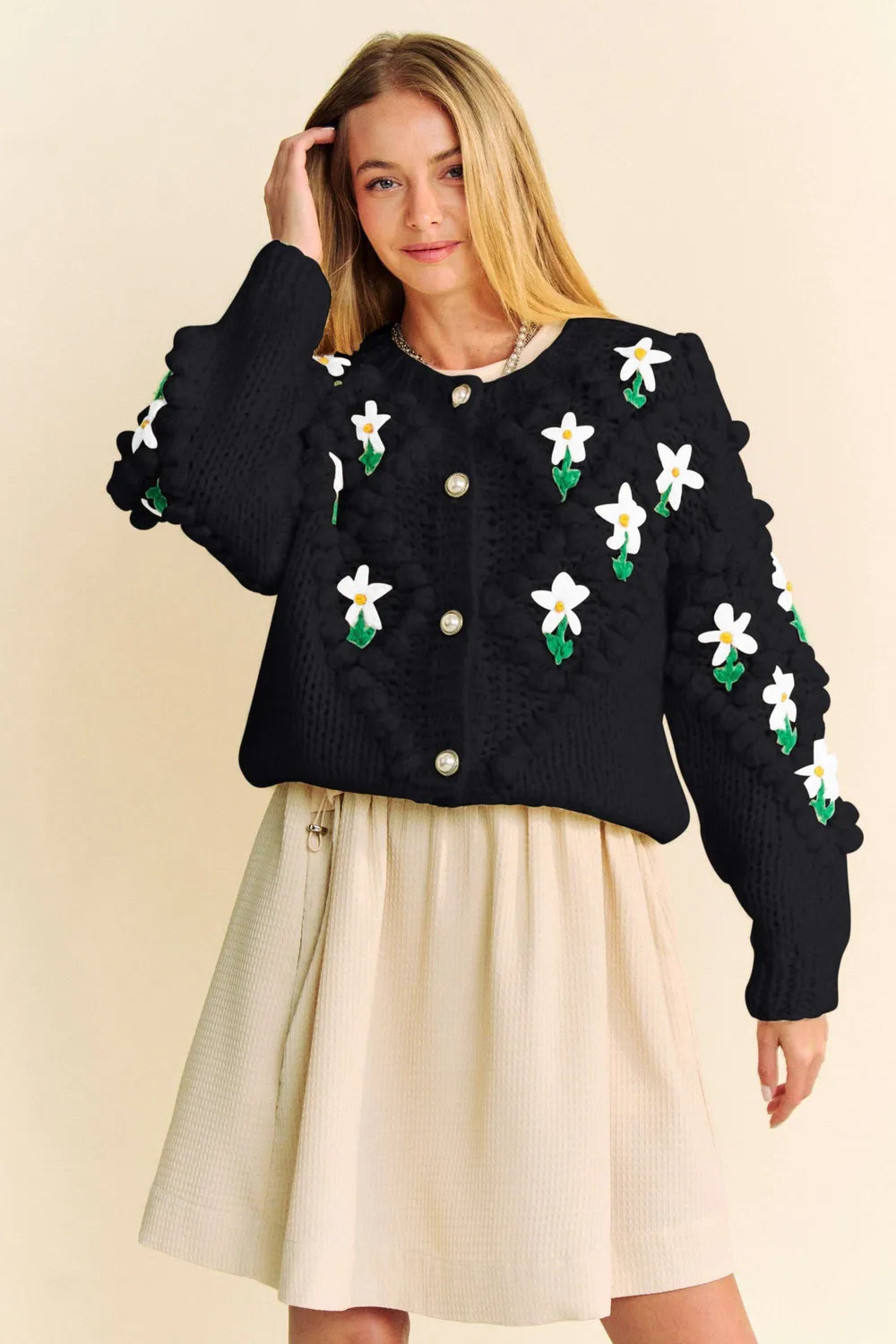 Davi & Dani Floral Pattern Button Down Cardigan Black 45c35153-aeed-43ed-b56e-1063eb1cd2d3-Max