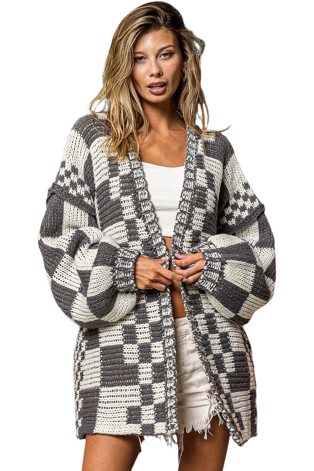 Dark Grey Colorblock Checked Loose Fit Open Front Knitted Cardigan 45c372197eafdc36