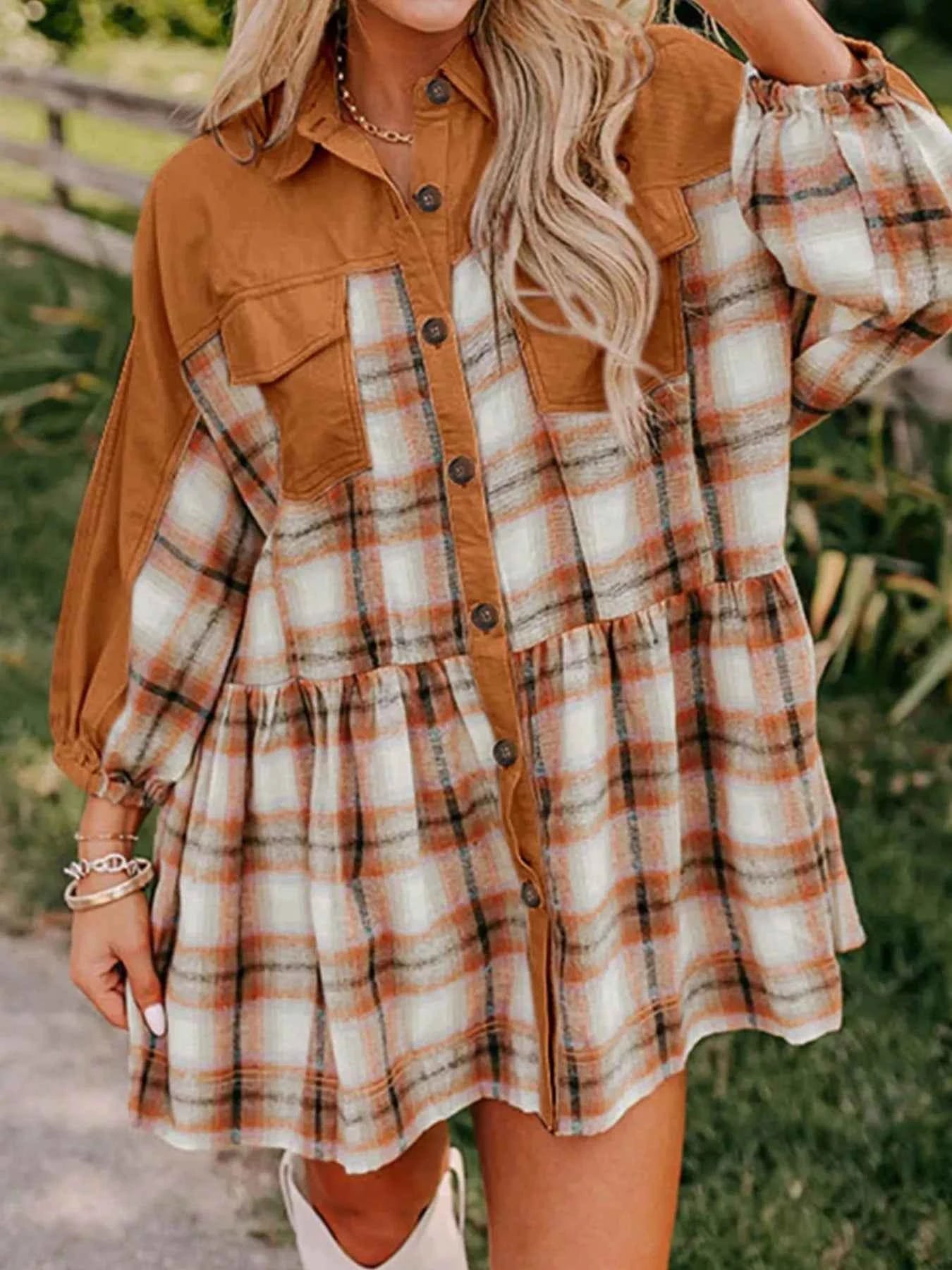 Plaid Button Front Mini Dress Caramel 45c67ee8-26a6-4f9a-9c9a-9b864e5e4e57-Max-Origin