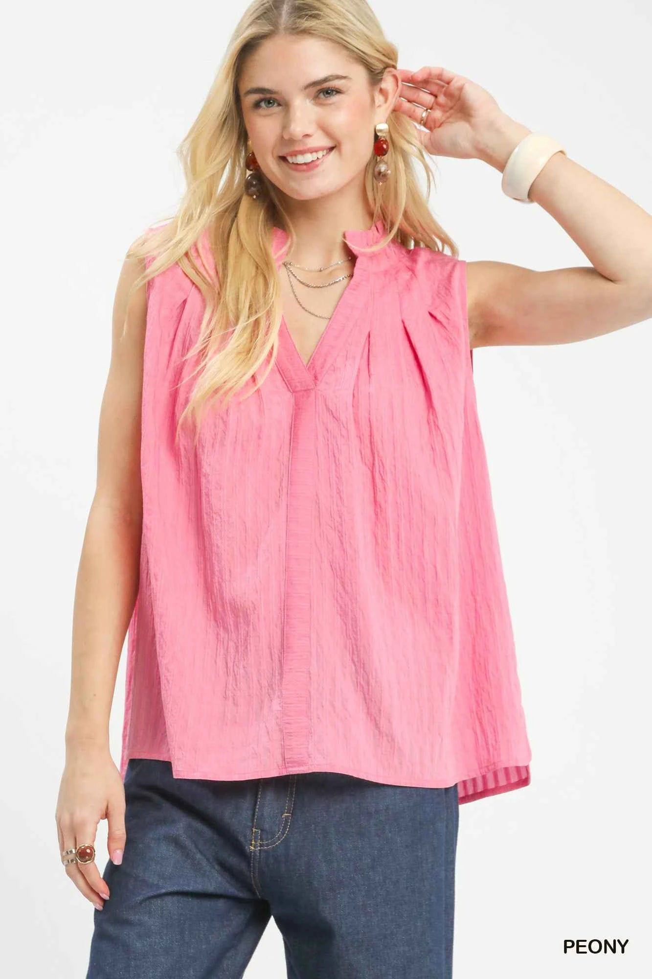 Umgee Sleeveless Textured Split Neck Top PEONY 45c71b4a-03da-46a9-a676-243f14df63ae-Max