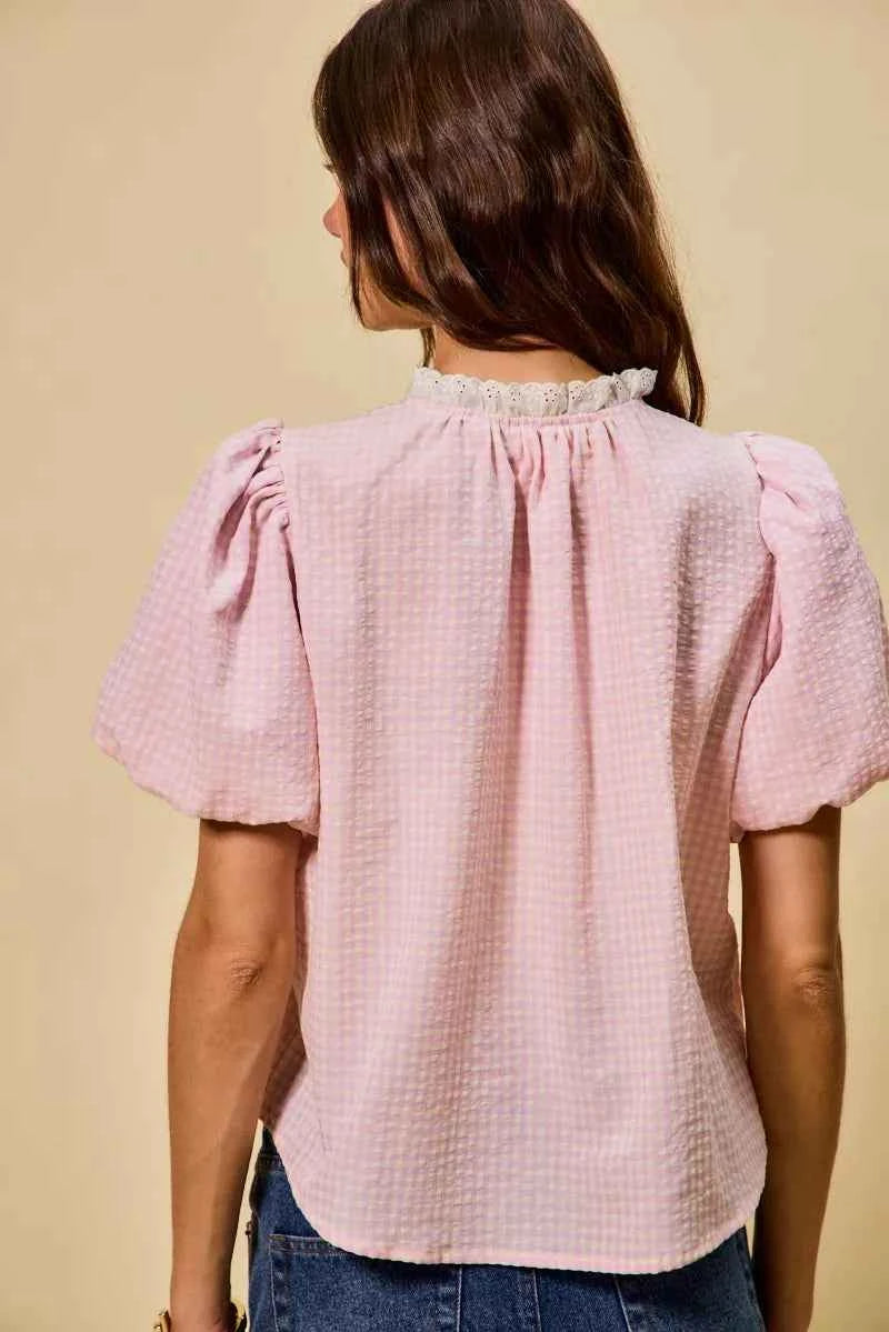 SO ME Gingham Lace Trim Button Bubble Sleeves Blouse 45cdfeae829d42cdab9bee1717ec6583-Max-Origin
