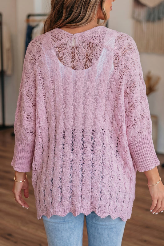 Pink Drop Shoulder Crochet Knit Open Front Cardigan 45cec75cc2d5b2ba