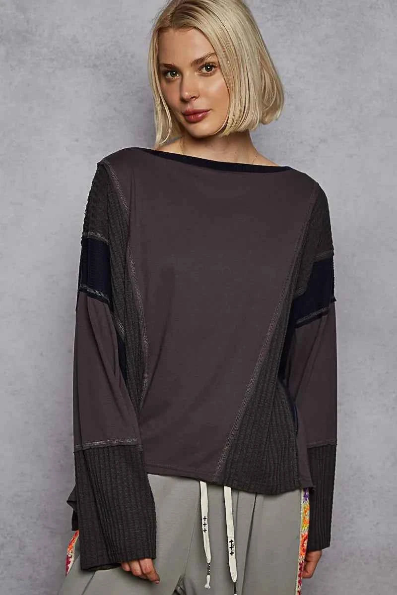 POL Contrast Round Neck Long Sleeve T-Shirt Dark Gray 45d1ed75-a042-4a5c-9f5a-889aa53f71f4-Max-Origin